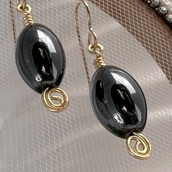 HEMATITE and Gold Beaded Dangle Earrings - Picture 3 of 12